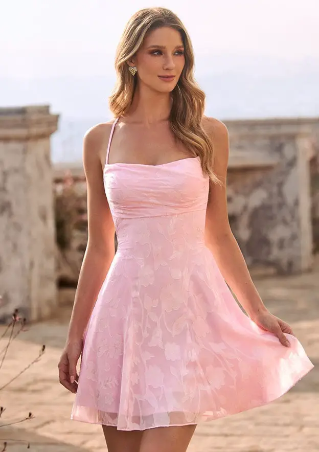 Pale Pink Lace Halter Neck Mini Dress Pale Pink Lace Halter Neck Mini Dress — Trendy Pink Dress Outfit