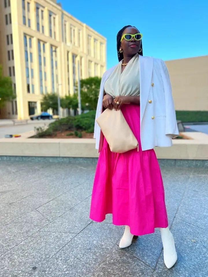 Hot Pink Tiered Maxi Skirt With Blazer Hot Pink Tiered Maxi Skirt With Blazer — Trendy Pink Skirt Outfit