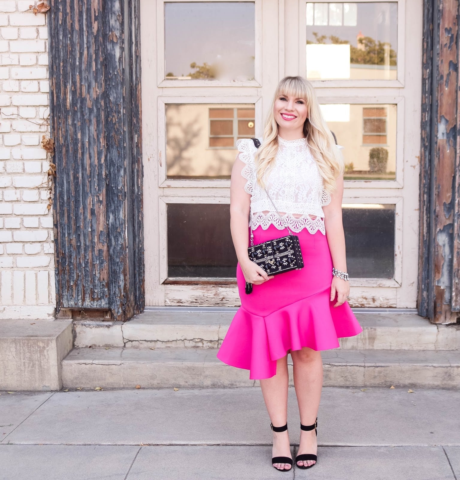 Hot Pink Ruffle Skirt With Lace Top Hot Pink Ruffle Skirt With Lace Top — Trendy Pink Skirt Outfit