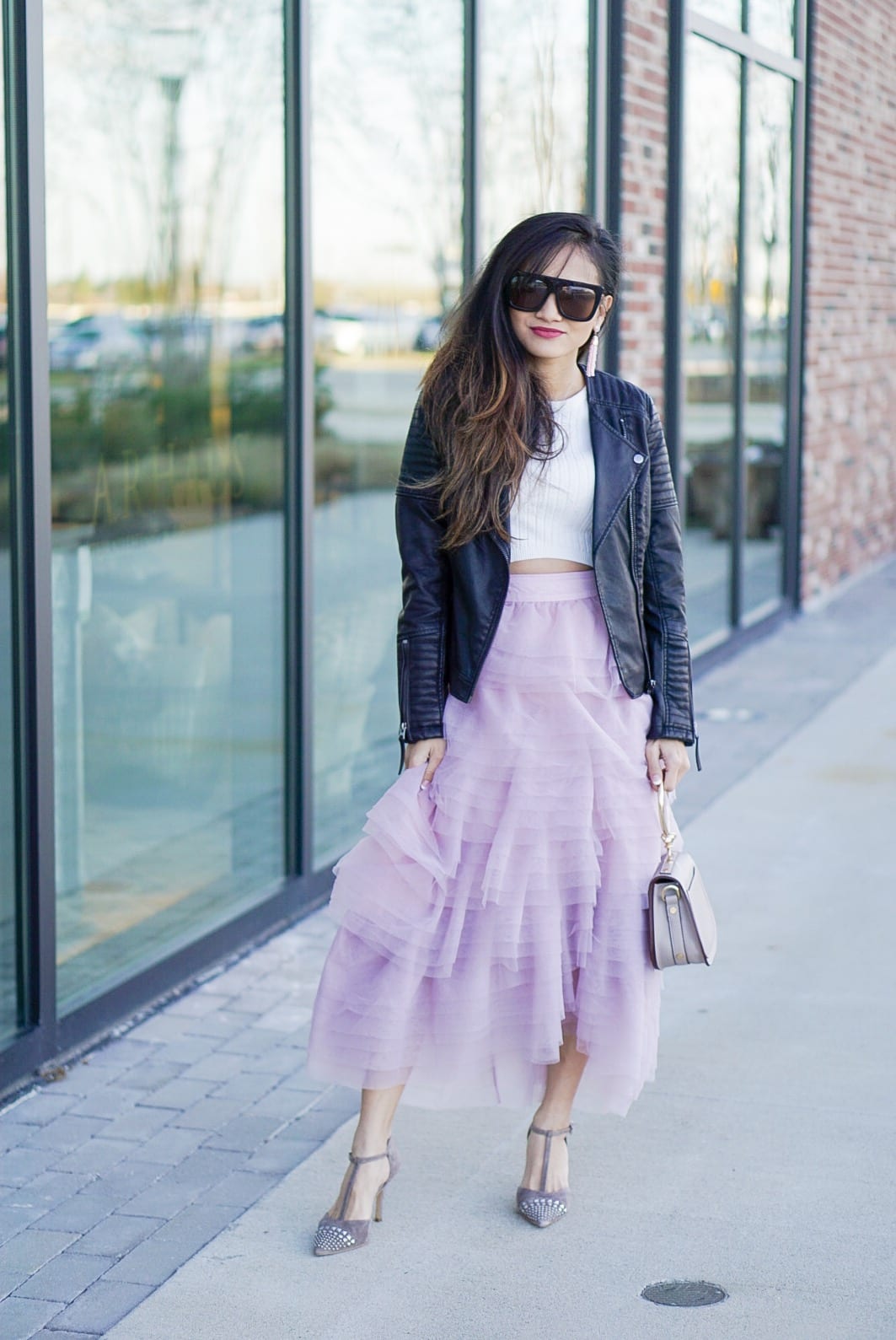 Lavender Tulle Midi Skirt With Leather Jacket Lavender Tulle Midi Skirt With Leather Jacket — Trendy Pink Skirt Outfit