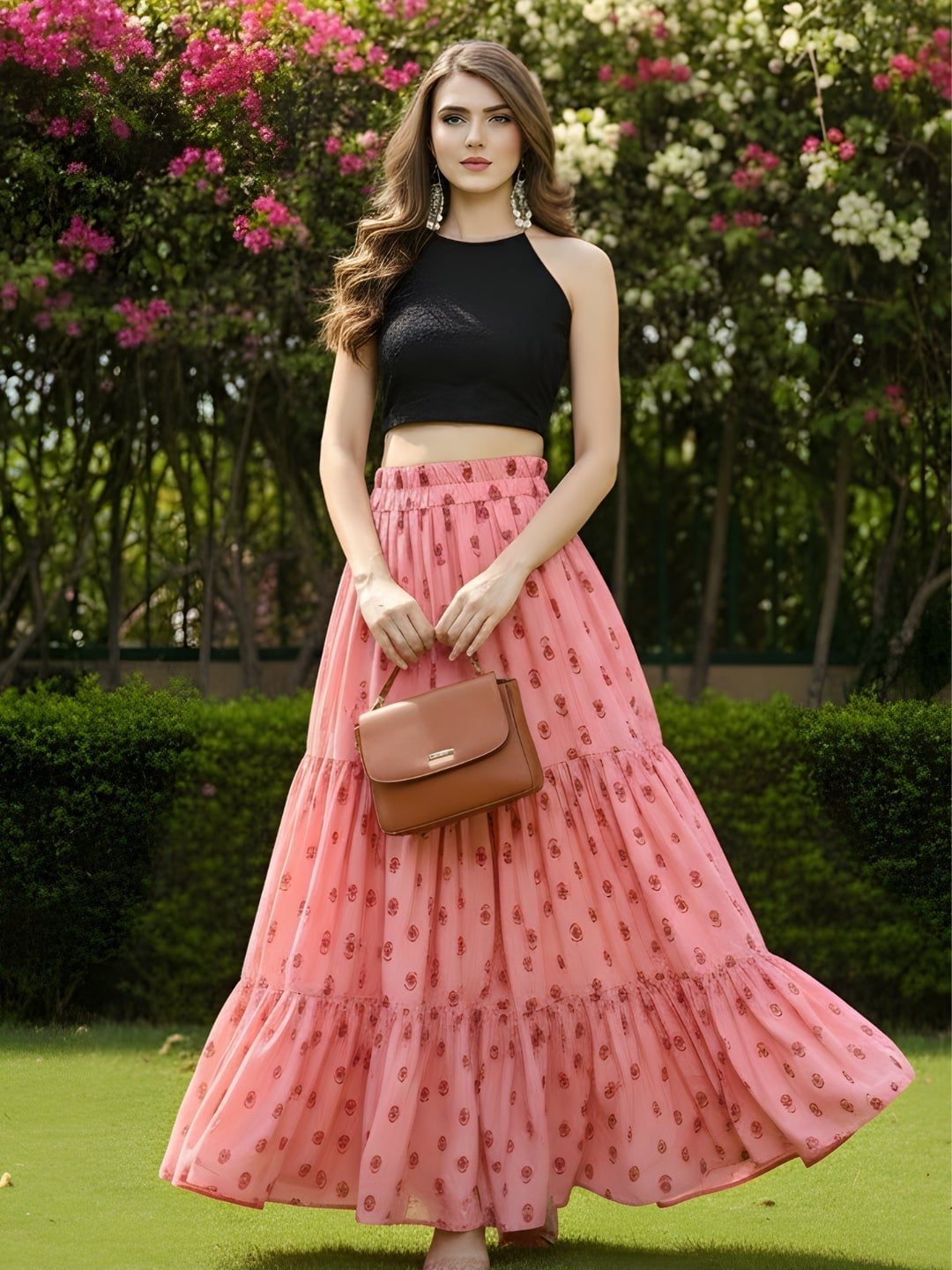 Pink Tiered Maxi Skirt With Halter Top Pink Tiered Maxi Skirt With Halter Top — Trendy Pink Skirt Outfit