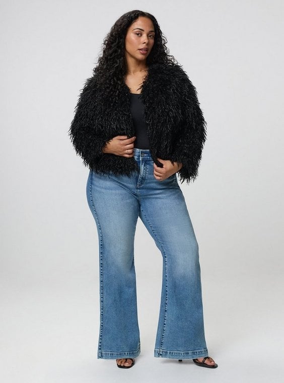 Shaggy Jacket With Flare Jeans — Trendy Plus Size Outfits