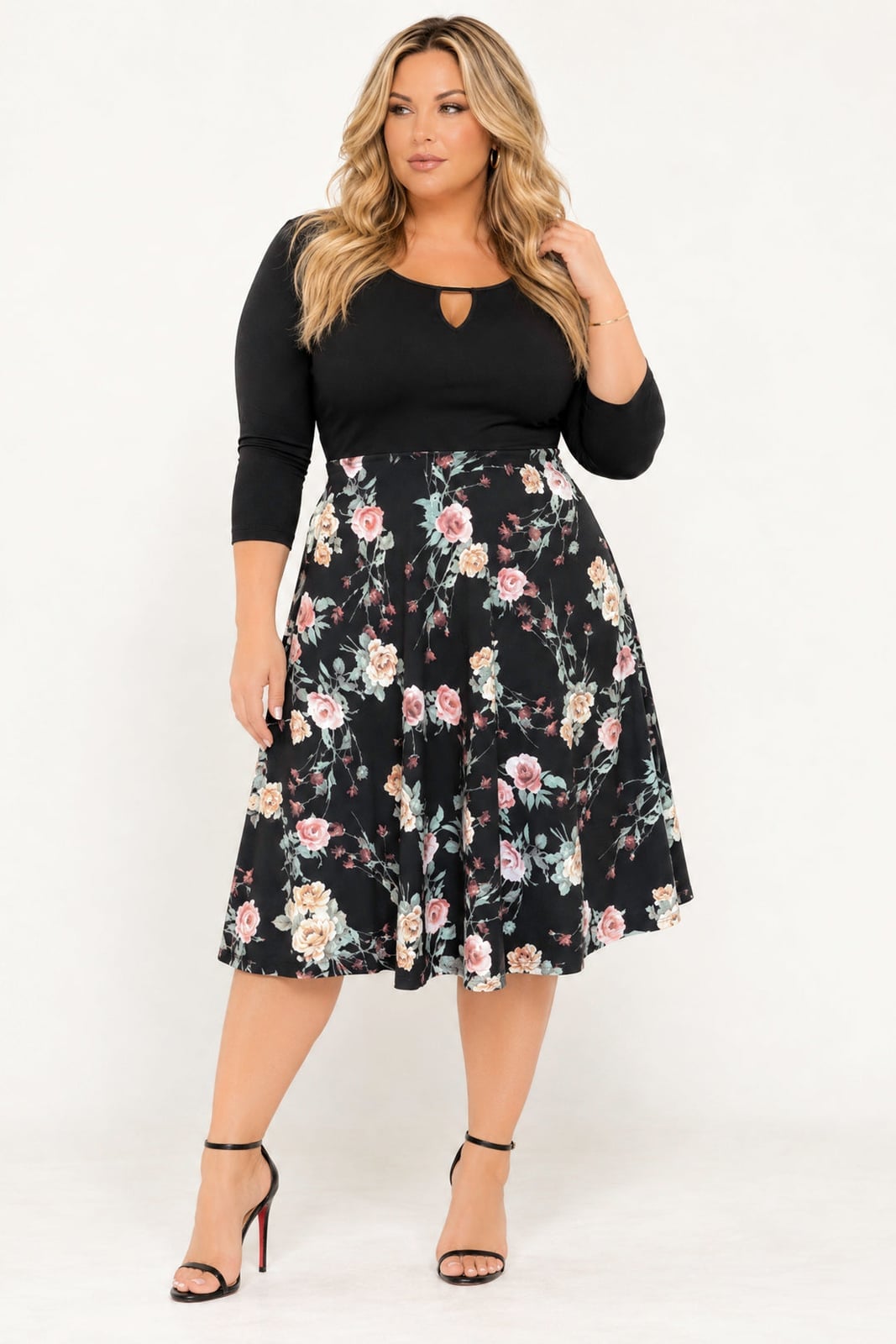 Floral Print Midi Skirt With Keyhole Top — Trendy Plus Size Outfits