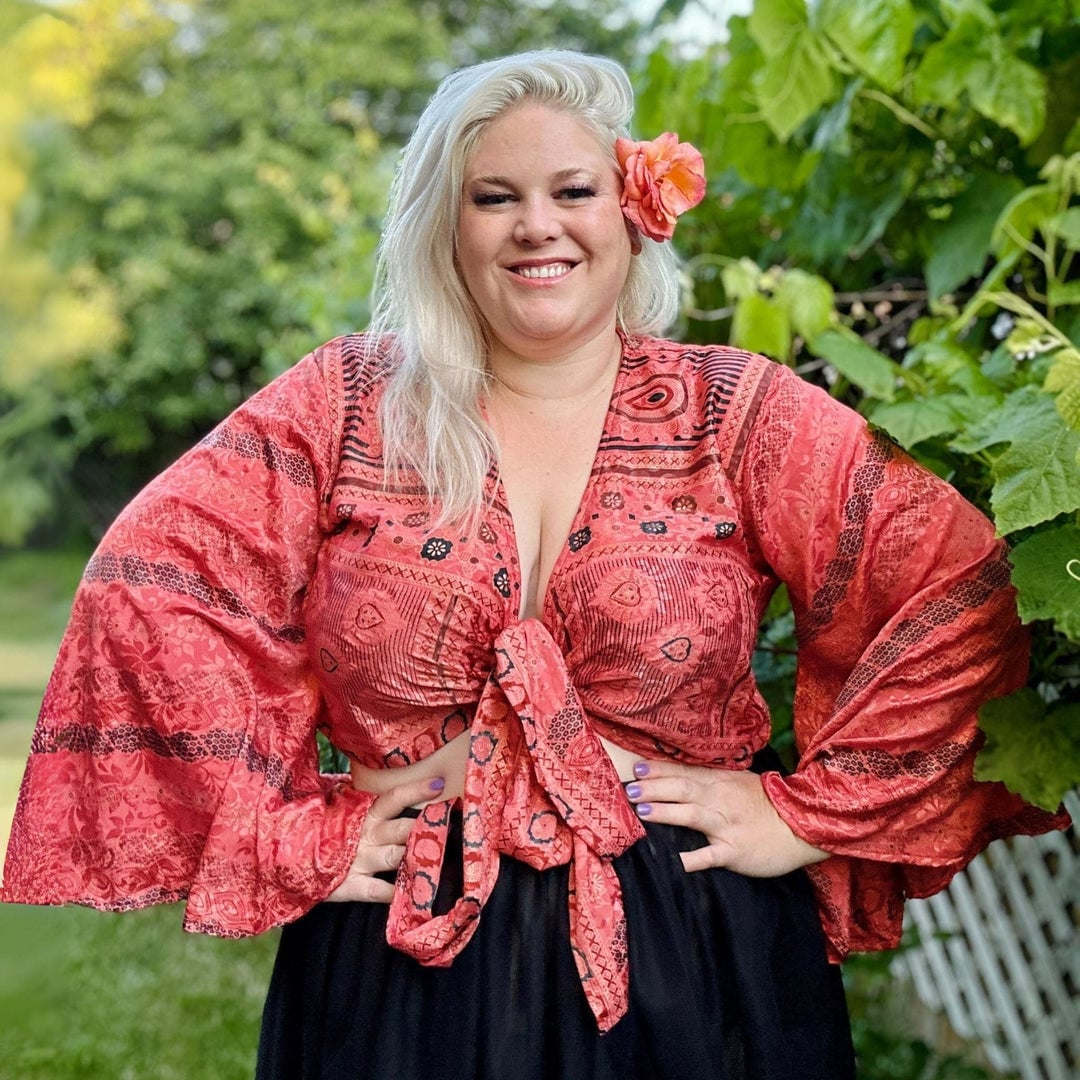 Red Patterned Blouse With Black Skirt — Trendy Plus Size Outfits