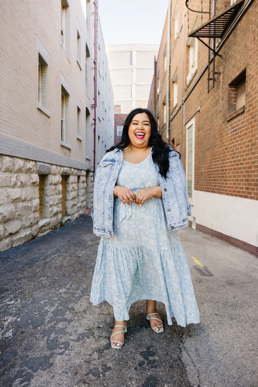 Floral Midi Dress With Denim Jacket — Trendy Plus Size Outfits