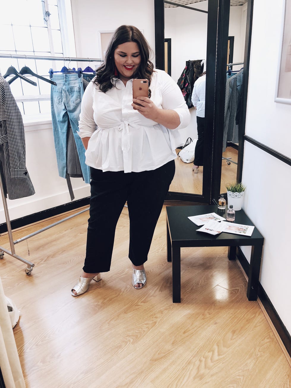 White Peplum Top With Black Trousers — Trendy Plus Size Outfits