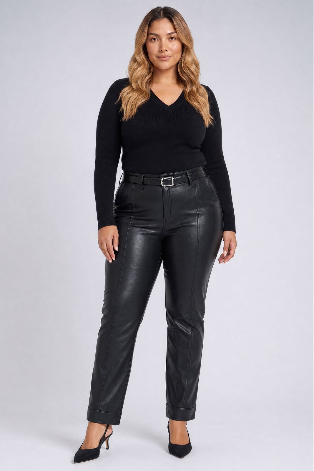 Faux Leather Trousers With V-neck Sweater — Trendy Plus Size Outfits