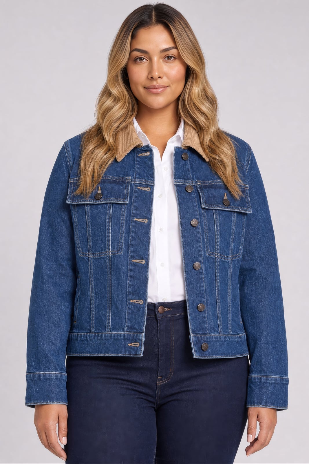 Denim Jacket With Corduroy Collar — Trendy Plus Size Outfits