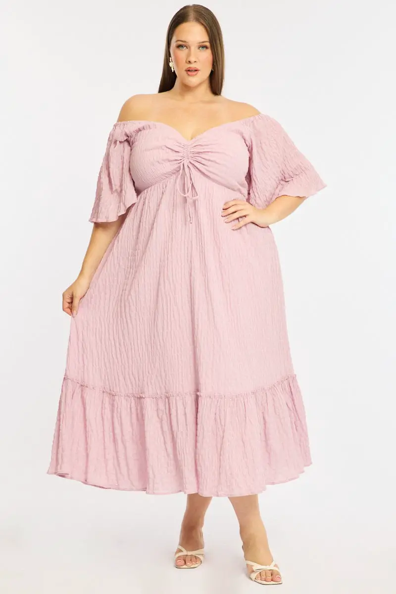 Pink Off-The-Shoulder Midi Dress — Trendy Plus Size Outfits