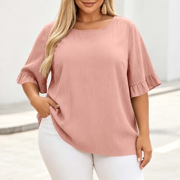 Ruffle Sleeve Top With White Trousers — Trendy Plus Size Outfits
