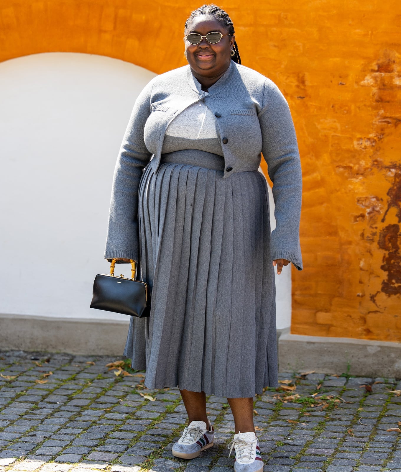 Gray Knit Cardigan And Pleated Midi Skirt Set — Trendy Plus Size Outfits