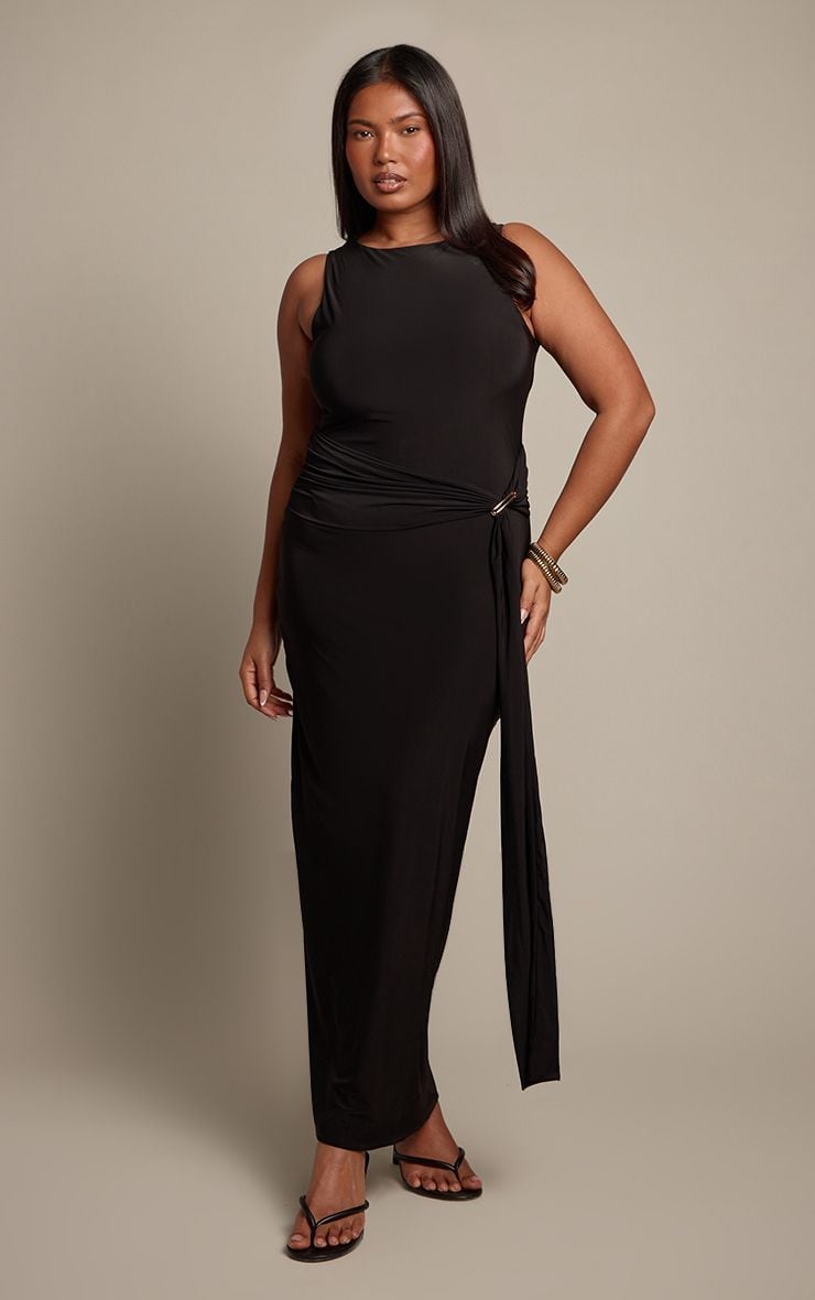 Black Draped Maxi Dress With Gold Detail — Trendy Plus Size Outfits