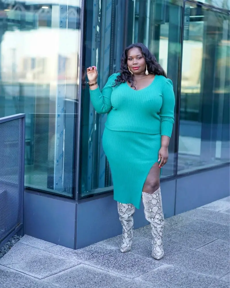 Teal Ribbed Knit Set With Snake Print Boots — Trendy Plus Size Outfits