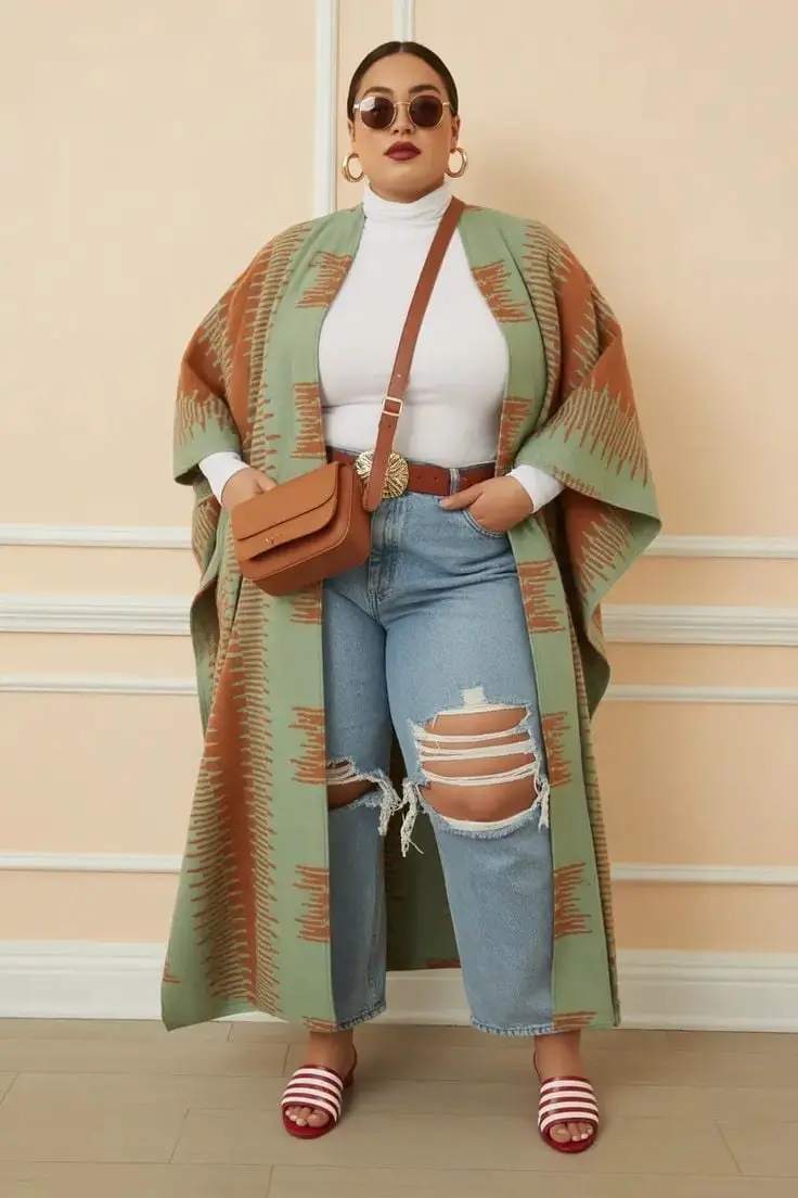 Patterned Duster Coat Over Ripped Jeans — Trendy Plus Size Outfits