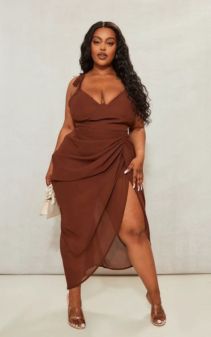 Brown Wrap Midi Dress With Clear Heels — Trendy Plus Size Outfits