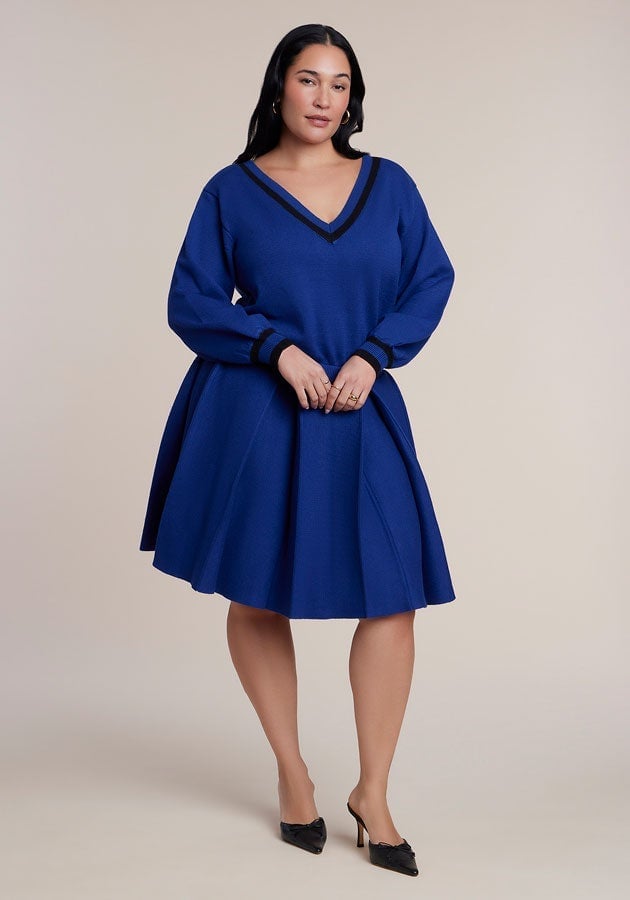Royal Blue Sweater Dress With Black Trim — Trendy Plus Size Outfits