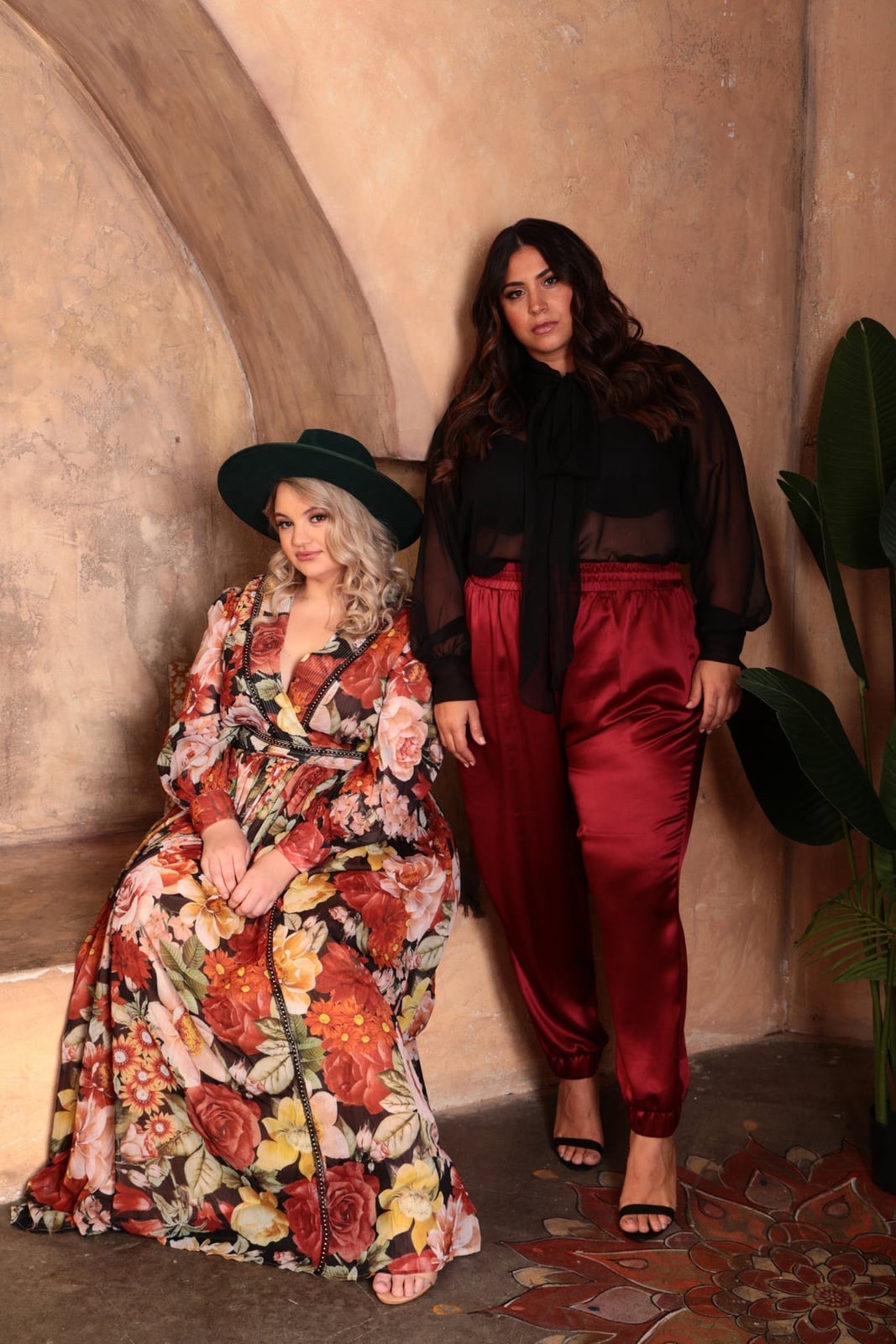 Floral Maxi Dress With Green Hat — Trendy Plus Size Outfits