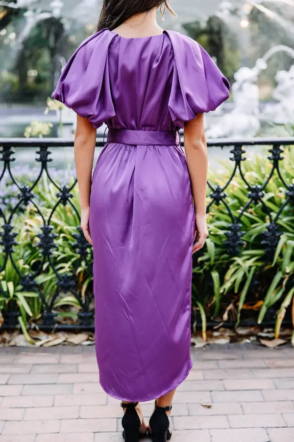 Vibrant Purple Satin Midi Dress with Puffed Sleeves Vibrant Purple Satin Midi Dress with Puffed Sleeves — Trendy Purple Dress