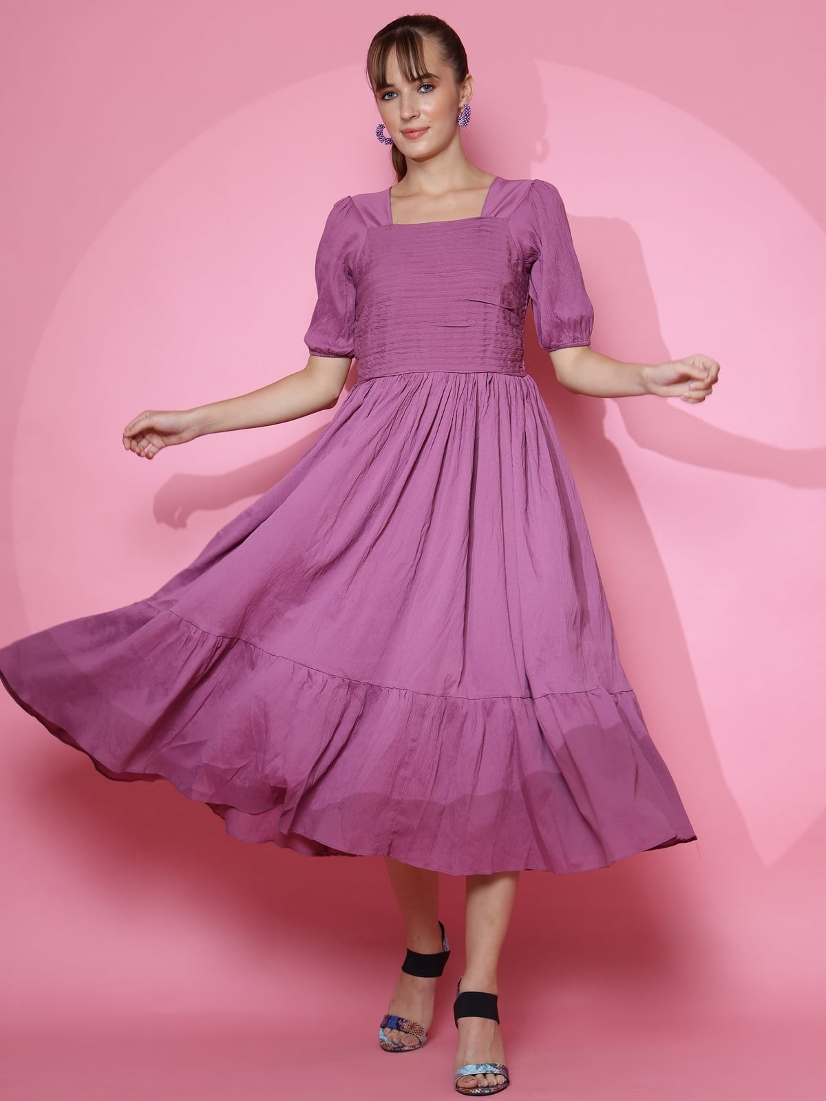 Purple Fit-And-Flare Maxi Dress with Tiered Hem Purple Fit-And-Flare Maxi Dress with Tiered Hem — Trendy Purple Dress