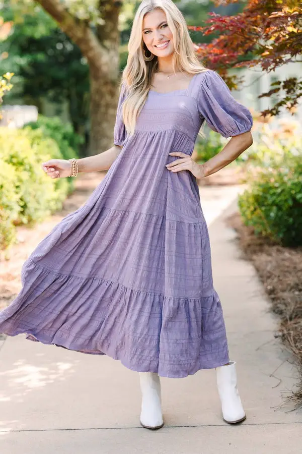 Dusty Purple Midi Dress with Puff Sleeves and Tiered Skirt Dusty Purple Midi Dress with Puff Sleeves and Tiered Skirt — Trendy Purple Dress