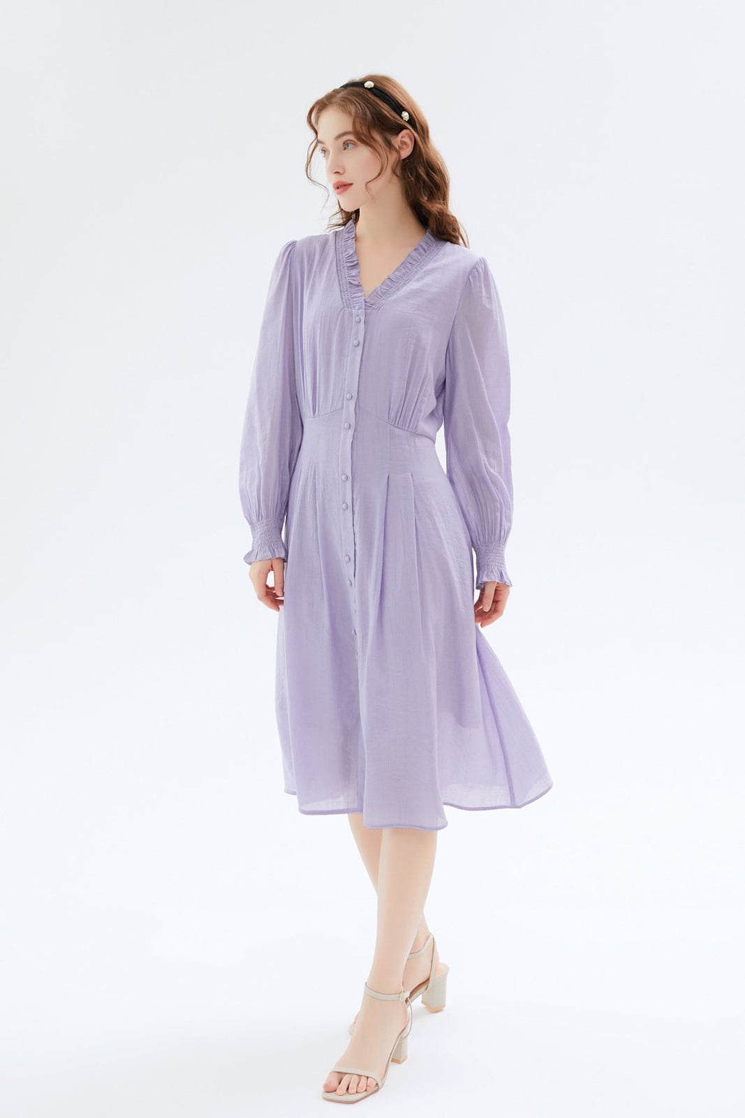 Lavender Long Sleeve Midi Dress with Ruffled Collar Lavender Long Sleeve Midi Dress with Ruffled Collar — Trendy Purple Dress