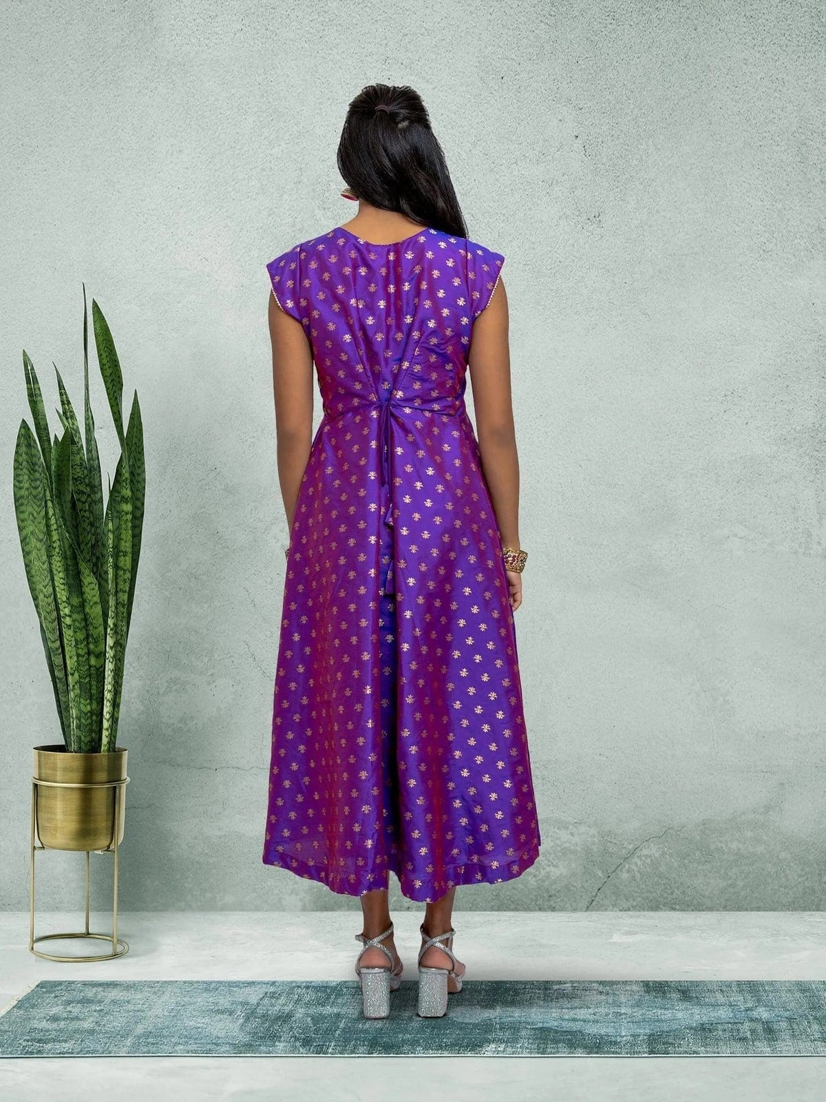Purple Gold Brocade Fit-And-Flare Knee-Length Dress, Close-Up Take Purple Gold Brocade Fit-And-Flare Knee-Length Dress, Close-Up Take — Trendy Purple Dress
