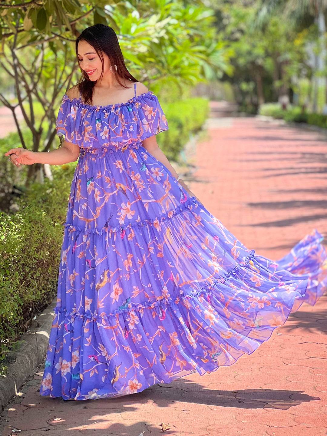 Light Purple Tiered Maxi Dress with Floral Print, Close-Up Take Light Purple Tiered Maxi Dress with Floral Print, Close-Up Take — Trendy Purple Dress