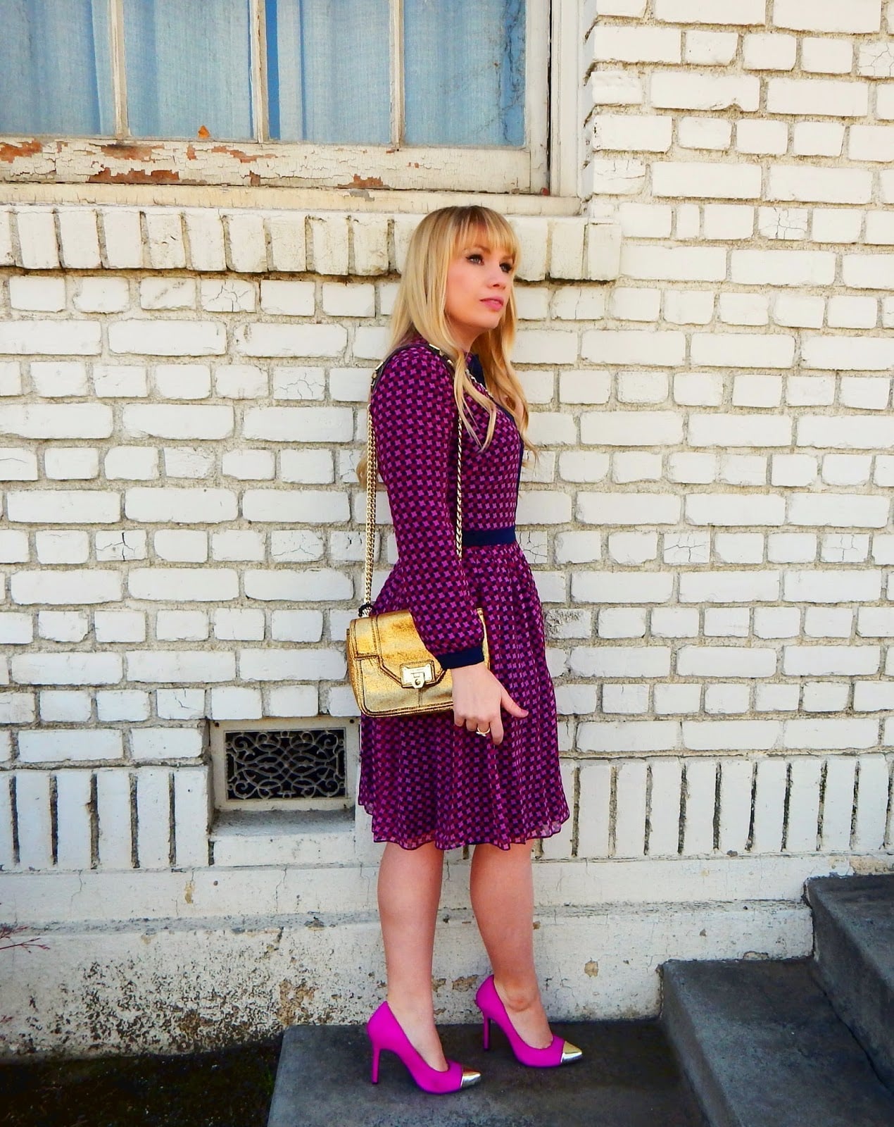 Purple Navy Geometric Print Fit and Flare Dress, Close-Up Take Purple Navy Geometric Print Fit and Flare Dress, Close-Up Take — Trendy Purple Dress