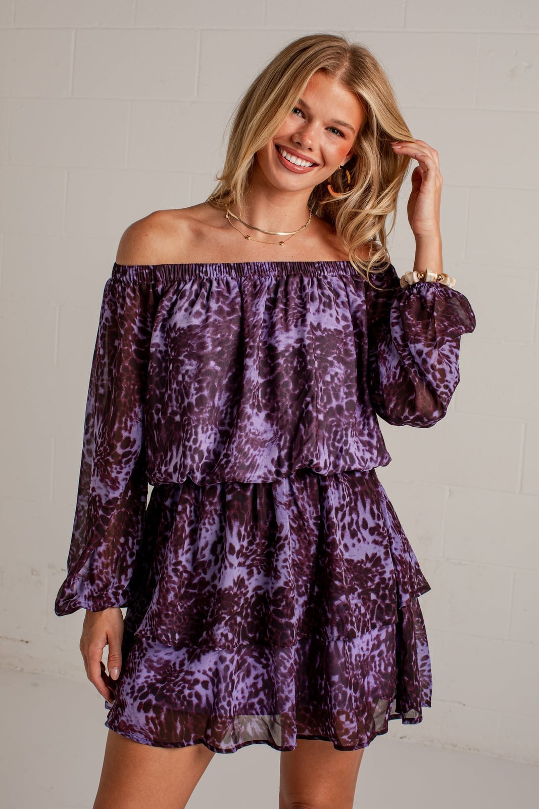 Purple Brown Animal Print Off-Shoulder Mini Dress Purple Brown Animal Print Off-Shoulder Mini Dress — Trendy Purple Dress