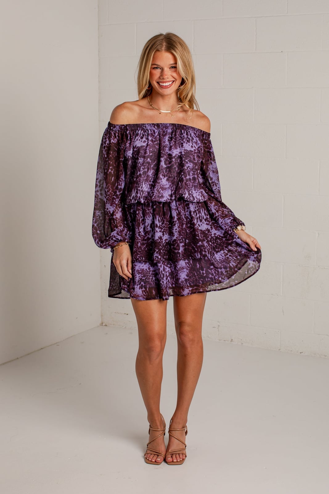 Purple Black Printed Sheer Off-The-Shoulder Mini Dress Purple Black Printed Sheer Off-The-Shoulder Mini Dress — Trendy Purple Dress