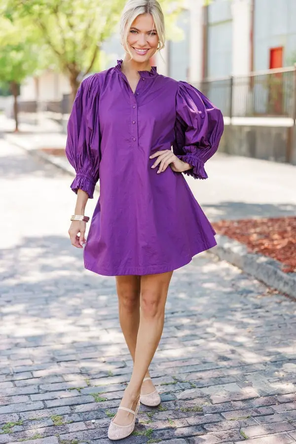Vibrant Purple Cotton Poplin Short Dress with Puff Sleeves Vibrant Purple Cotton Poplin Short Dress with Puff Sleeves — Trendy Purple Dress