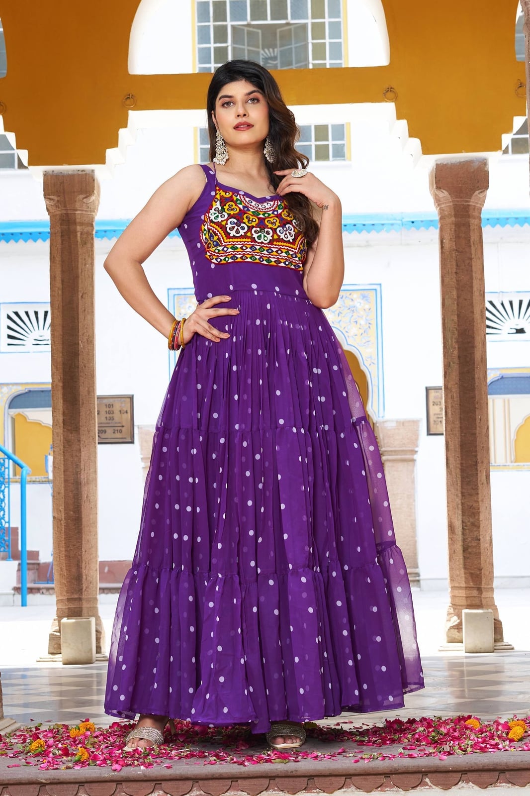 Vibrant Purple Georgette Maxi Dress with Polka Dots Vibrant Purple Georgette Maxi Dress with Polka Dots — Trendy Purple Dress