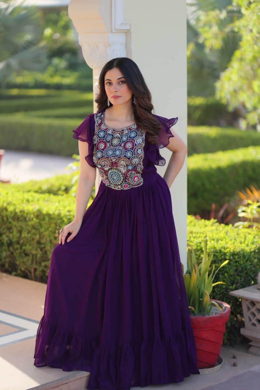 Deep Purple Ruffle Gown for Festive Occasions — Trendy Purple Outfits