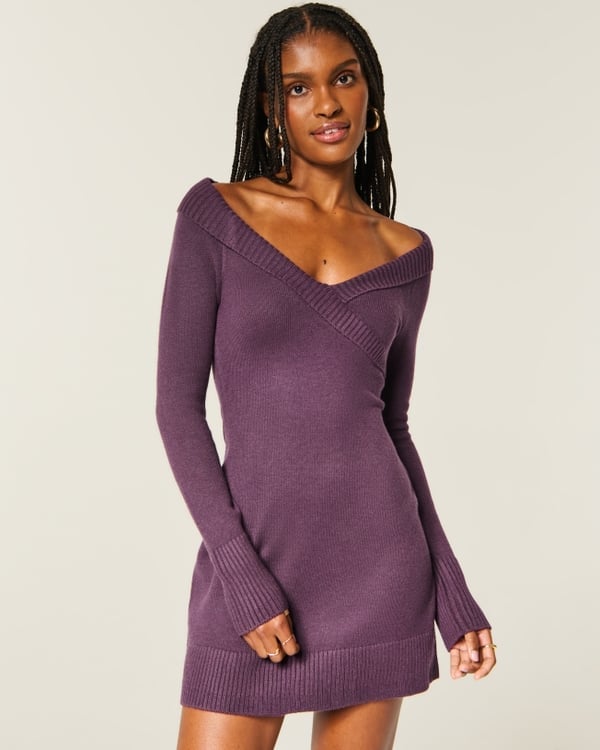 Fitted Ribbed Knit Off-the-Shoulder Sweater Dress — Trendy Purple Outfits