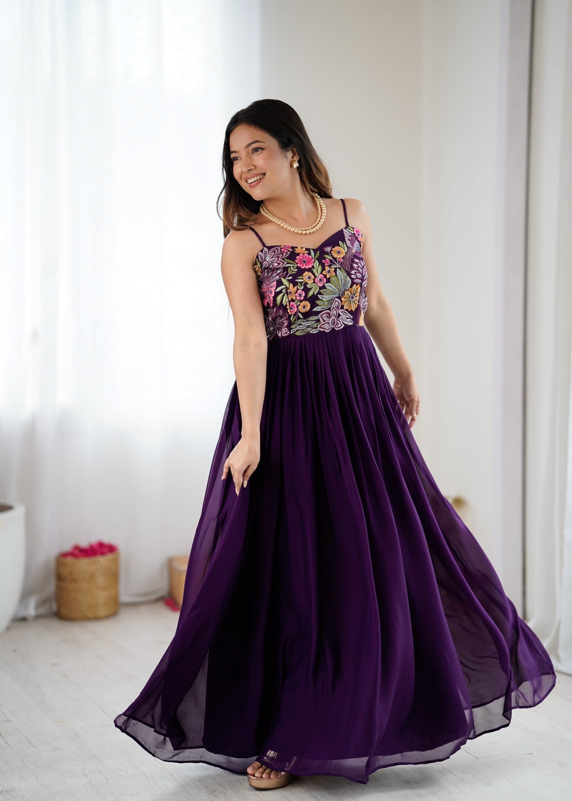 Deep Purple Anarkali Gown with Embroidery — Trendy Purple Outfits