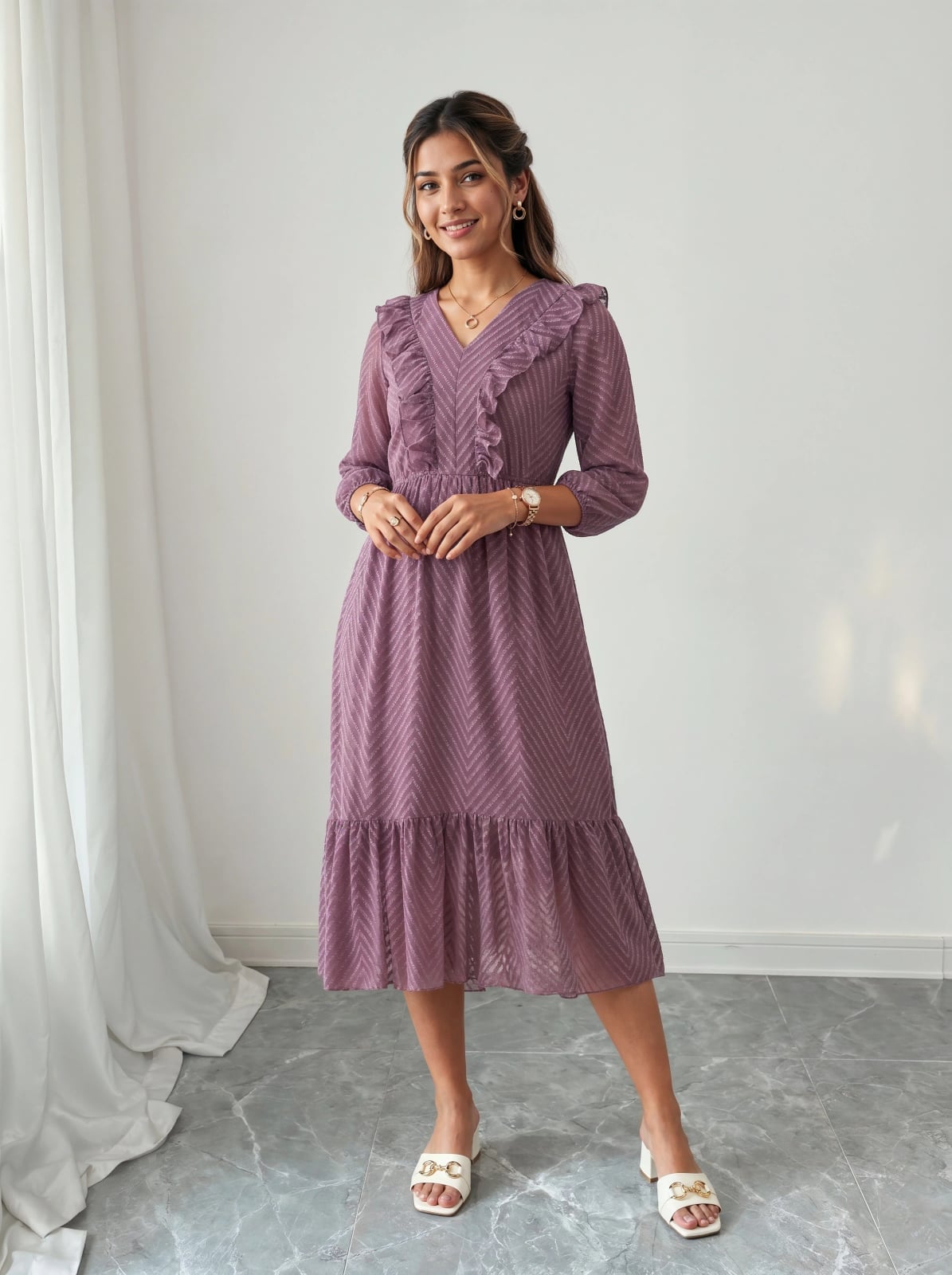 Mauve Paisley Print Midi Dress with Ruffles — Trendy Purple Outfits