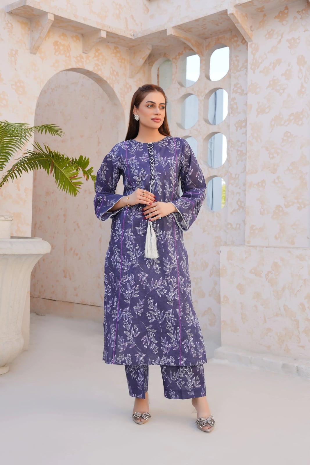 Purple Kurta with Tassel Detail and Floral Print — Trendy Purple Outfits