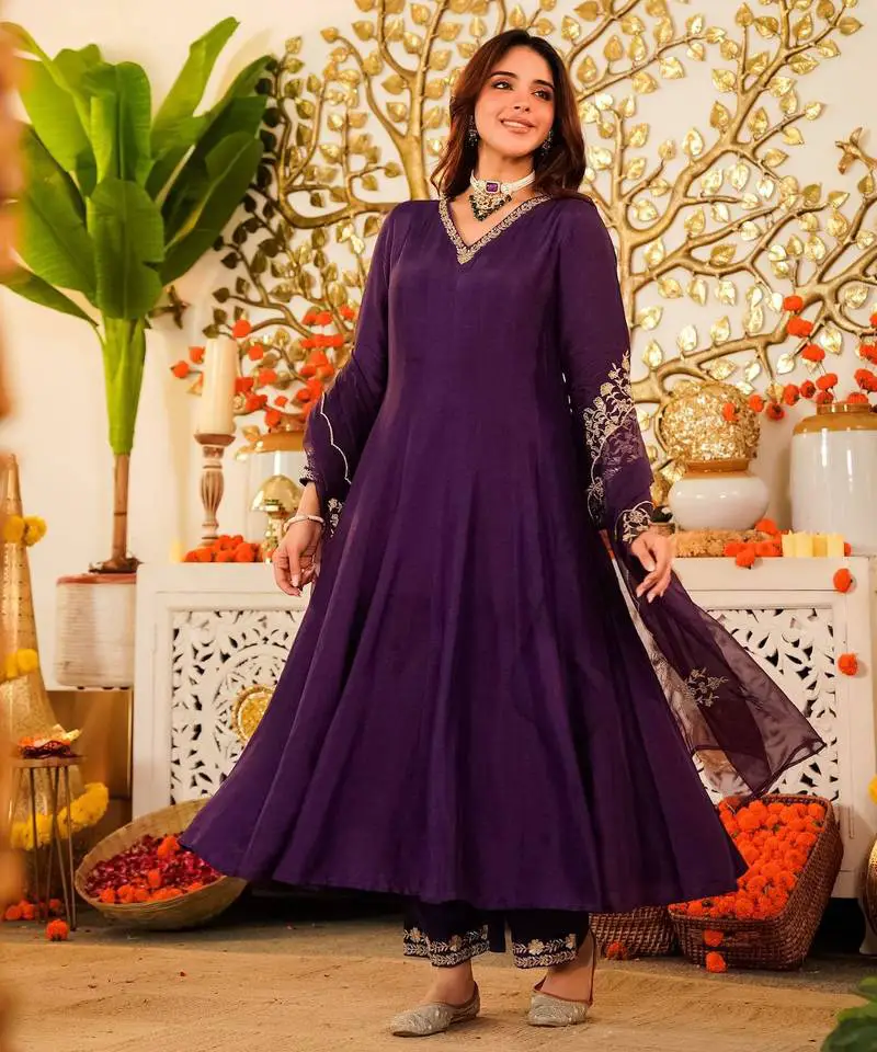 Deep Purple Anarkali Kurta with Gold Embroidery — Trendy Purple Outfits