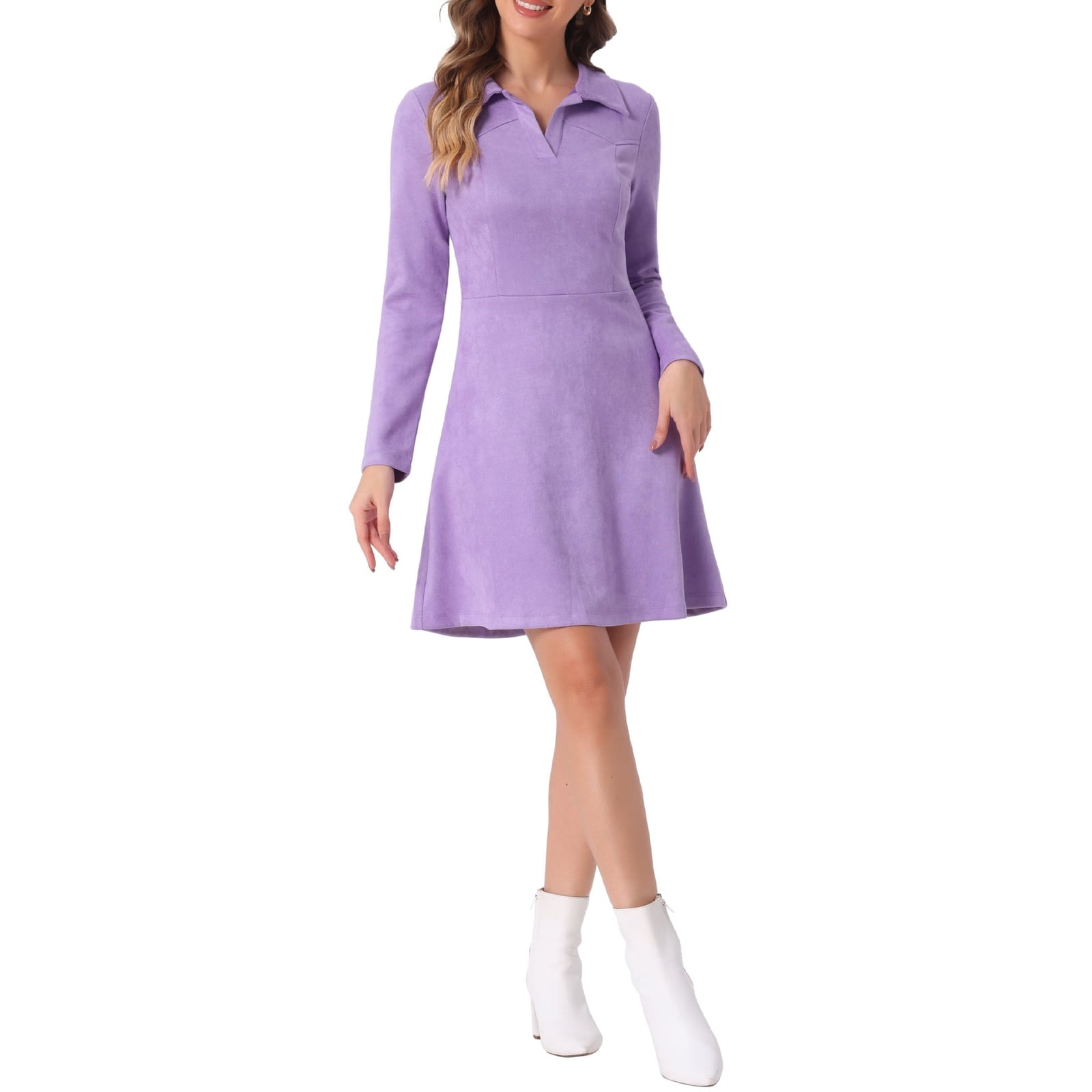 Lilac Faux Suede A-Line Dress — Trendy Purple Outfits