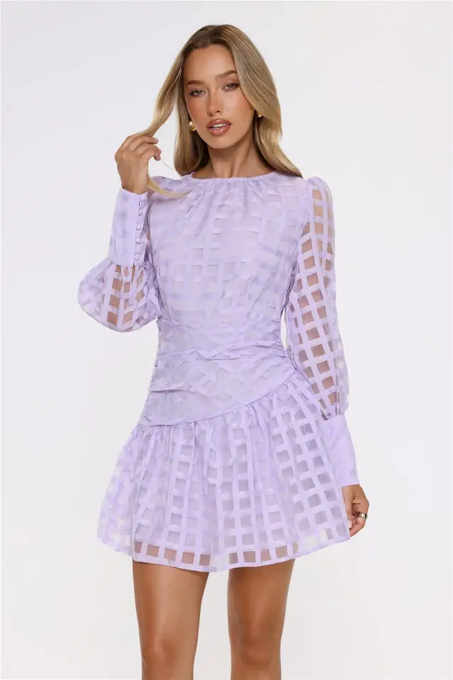 Lilac Mini Dress with Sheer Checked Overlay — Trendy Purple Outfits