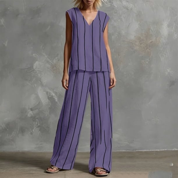 Purple and Black Striped Two-Piece Set — Trendy Purple Outfits