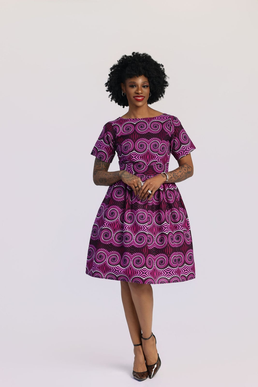 Pink and Purple Geometric Print Fit and Flare Dress — Trendy Purple Outfits