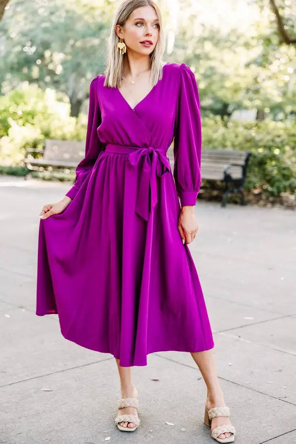 Magenta Satin Wrap Dress for Day Events — Trendy Purple Outfits