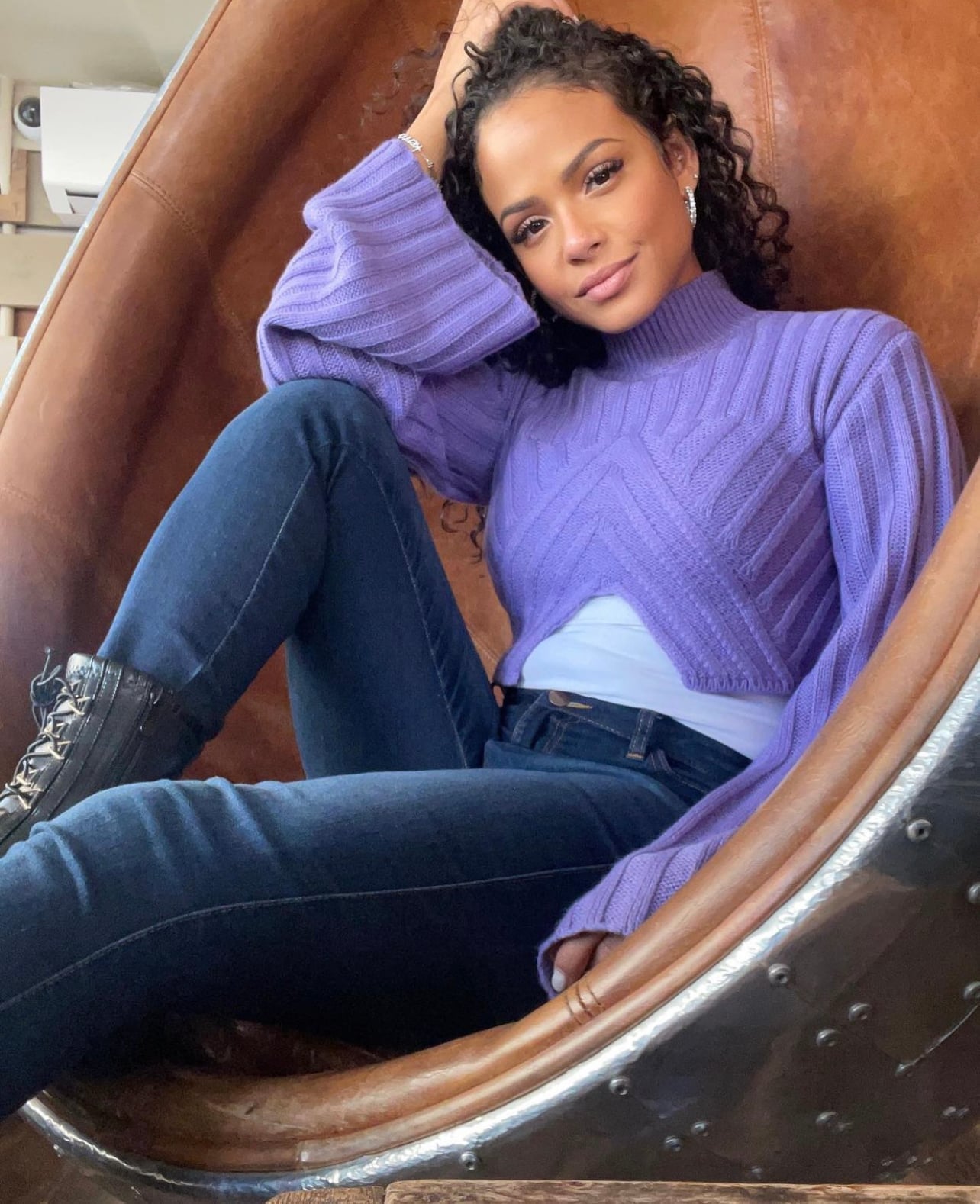 Purple Knit Sweater Over Fitted Jeans — Trendy Purple Outfits