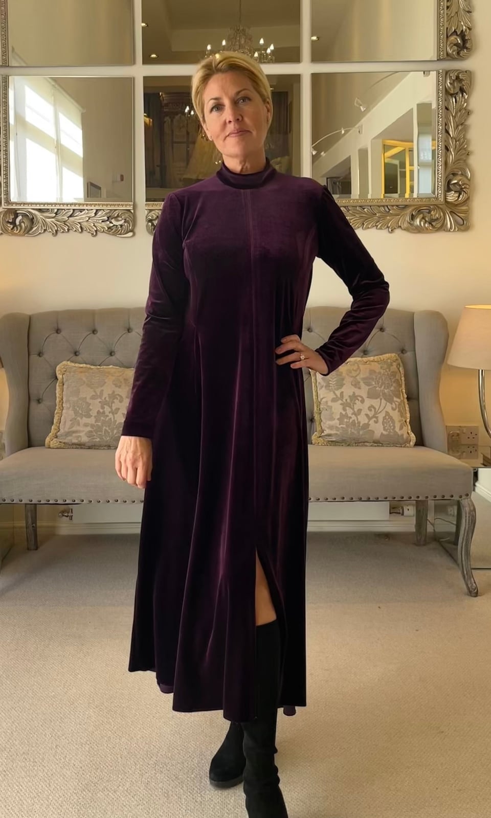 Dark Purple Velvet Midi Dress — Trendy Purple Outfits