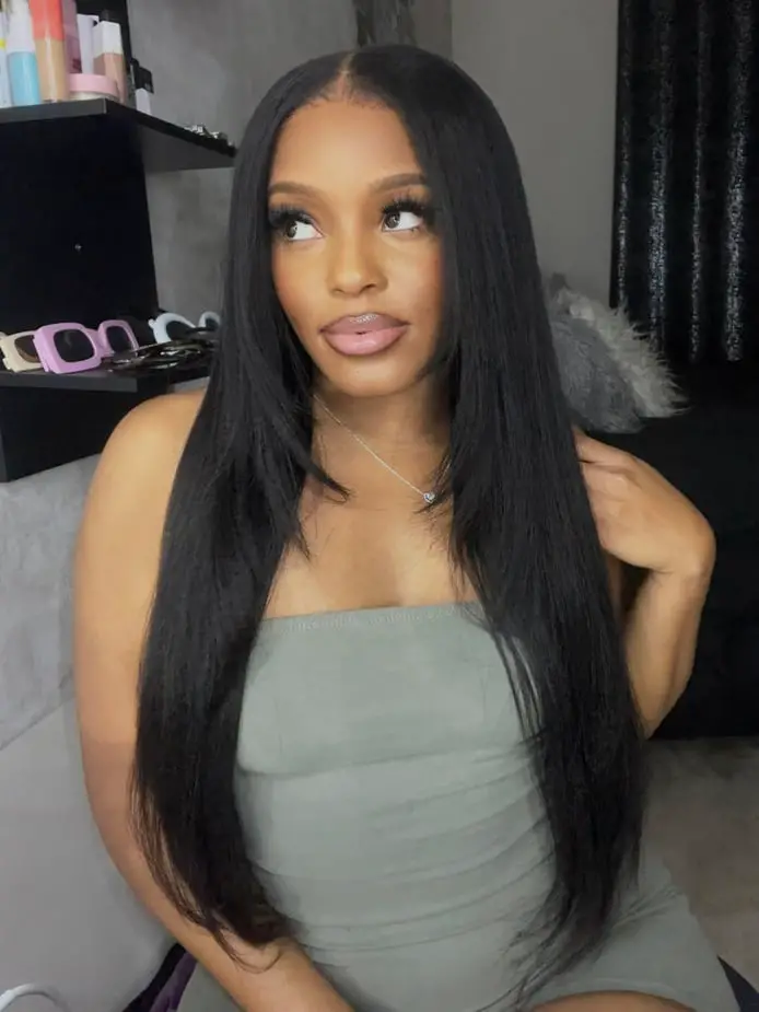 Straight Black Hair with Olive Green Strapless Dress Straight Black Hair with Olive Green Strapless Dress — Trendy Quick Weave