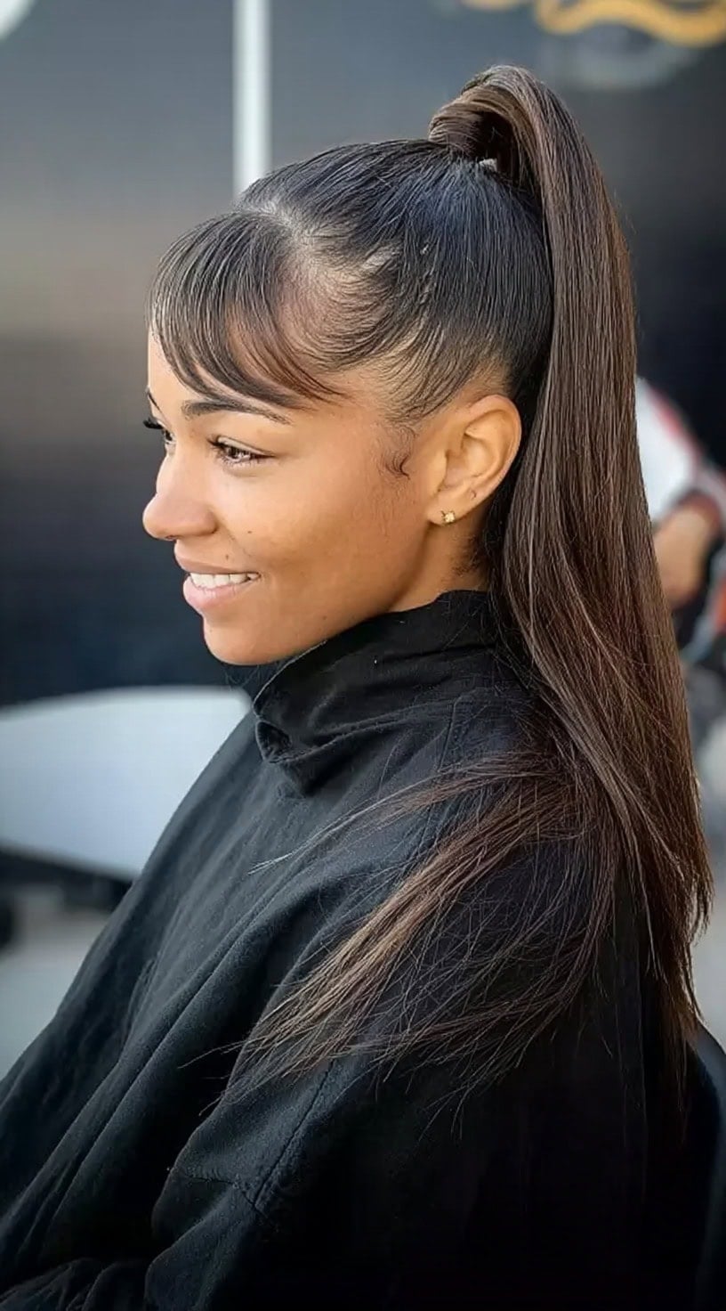 High Ponytail With Curtain Bangs High Ponytail With Curtain Bangs — Trendy Quick Weave Ponytail