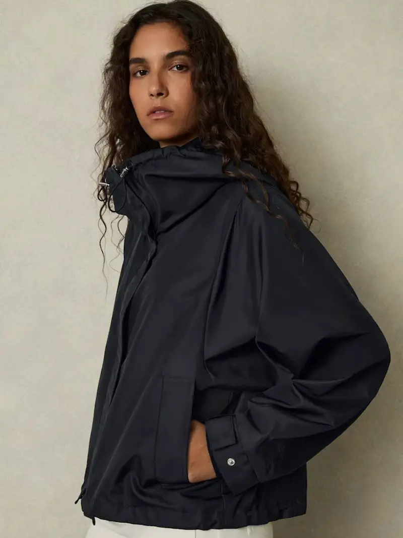 Dark Navy Utilitarian Hooded Rain Jacket Dark Navy Utilitarian Hooded Rain Jacket — Trendy Rain Jacket Outfits
