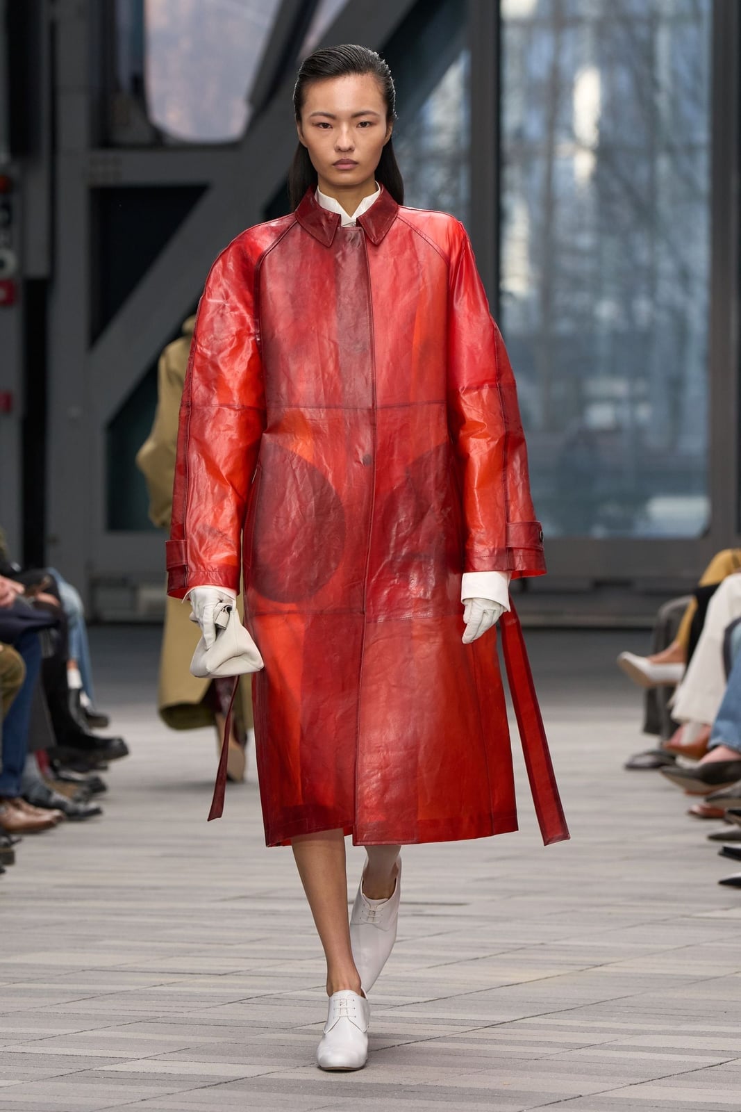 Clear Red Vinyl Coat Over White Shirt Clear Red Vinyl Coat Over White Shirt — Trendy Rain Jacket Outfits