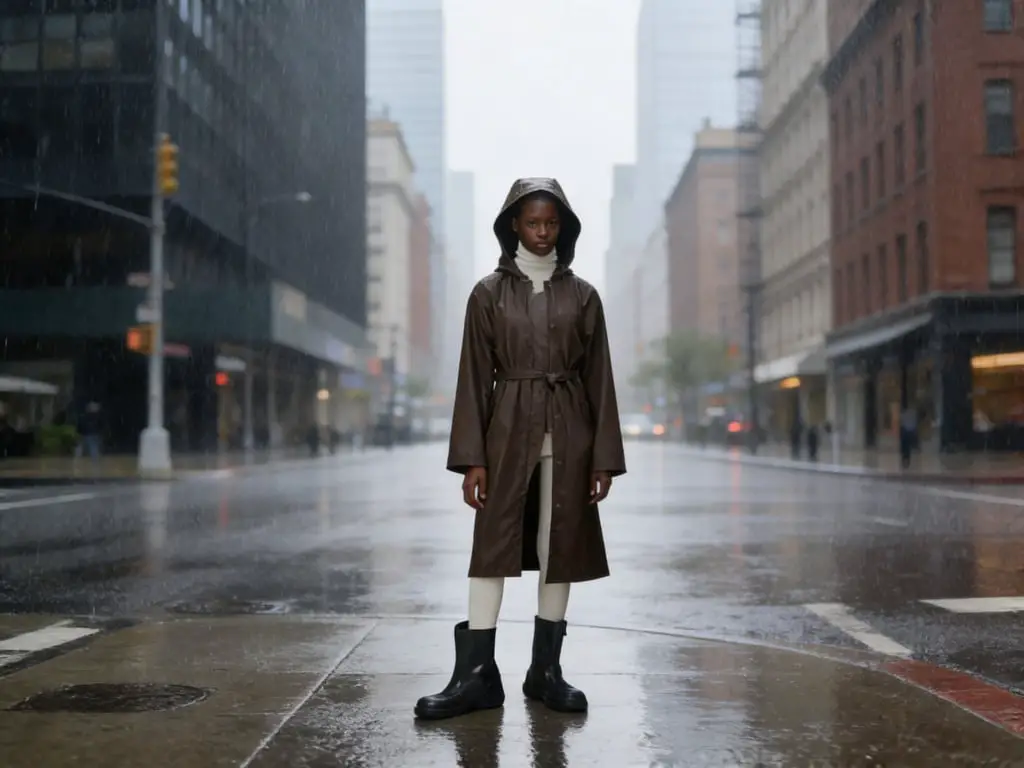 Glossy Brown Hooded Trench Coat With White Trousers Glossy Brown Hooded Trench Coat With White Trousers — Trendy Rain Jacket Outfits